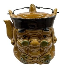 1950s Vintage Toby Colonial Teapot Face Brown Glaze Coil Wire Handle Japan CE200